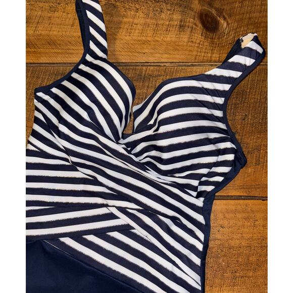 Womens Miraclesuit Layered Navy White Stripe Tummy Control One Piece Swim Suit 8 - Picture 1 of 9